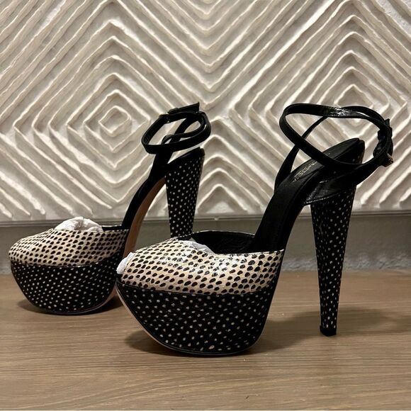 Giambattista Valli Black Ivory Polka Dot Snakeskin Peep Toe platform Sandal 38 8 - Picture 4 of 13